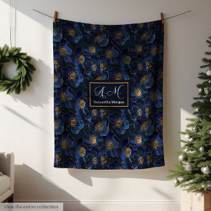 Monogram Royal Blue Throw Modern Gold Flowers Fleece Blanket