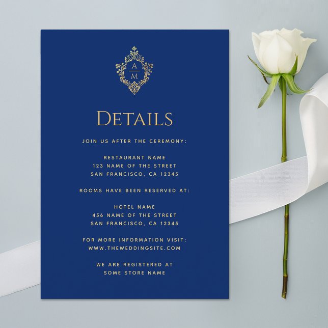 Monogram Royal Blue Wedding Details Gold Crest  Enclosure Card (Creator Uploaded)