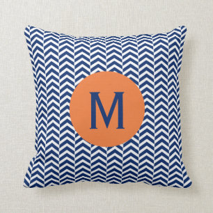 Monogram Royal Blue with Orange Chevron Pattern Cushion