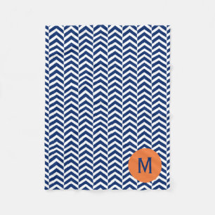 Monogram Royal Blue with Orange Chevron Pattern Fleece Blanket