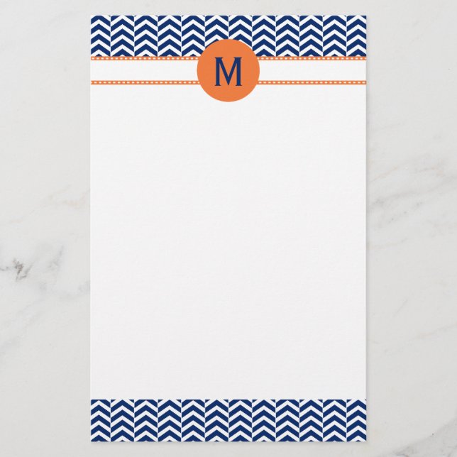 Monogram Royal Blue with Orange Chevron Pattern Stationery (Front)