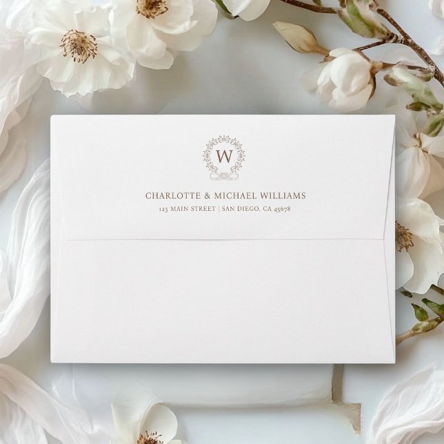 Monogram, Royal, Elegant, Wedding Envelope (Monogram, Royal, Elegant, Wedding White+Brown, Envelope with your name and date)