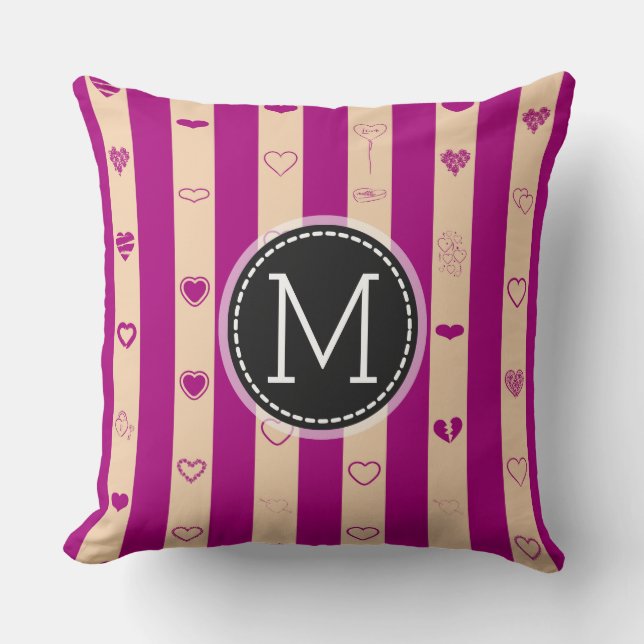 Monogram Royal Fuchsia Stripe Modern Heart Pattern Cushion (Front)