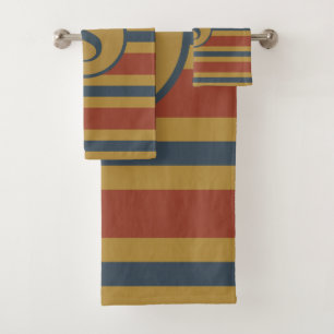 Monogram Rust Mustard Yellow Navy Blue Stripes Bath Towel Set