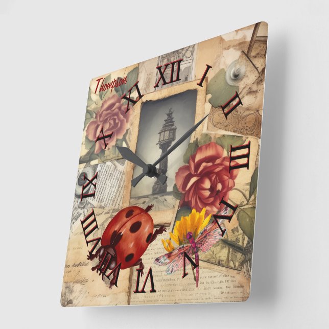 Monogram rustic background floral and dragonfly  square wall clock (Angle)