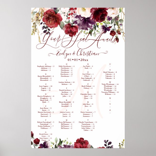 Monogram Rustic Bloom Blush Burgundy Dusty Purple Poster (Front)