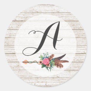 Monogram Rustic Bohemian Feathers Arrow Wedding Classic Round Sticker