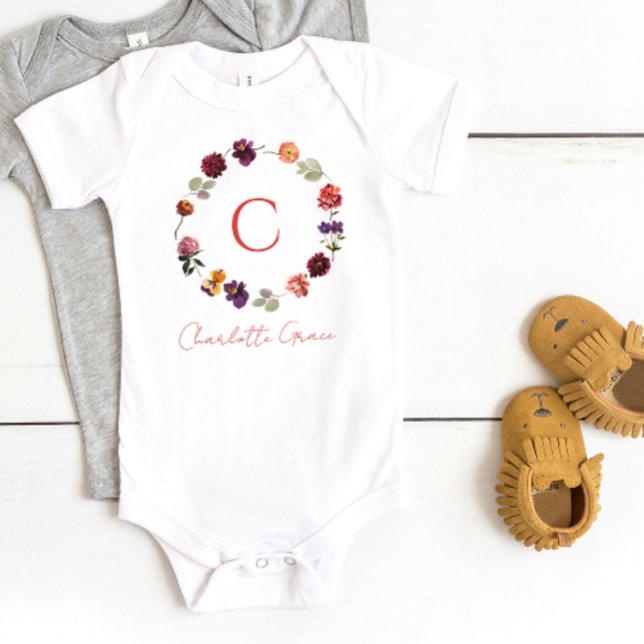 Monogram Rustic Boho Floral Watercolor Wreath  Baby Bodysuit (Baby Bodysuit)