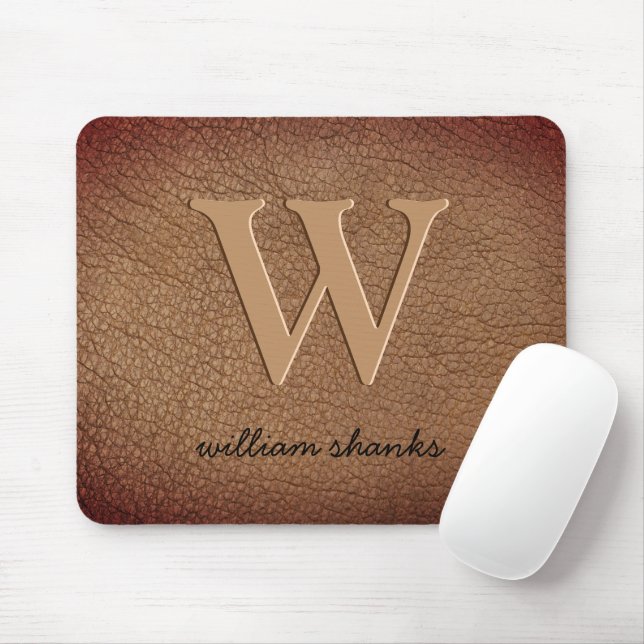 Monogram rustic brown leather gold script name mouse pad (With Mouse)