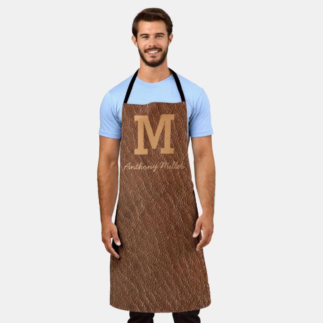 Monogram Rustic Brown Leather Name Script Modern Apron (Worn)