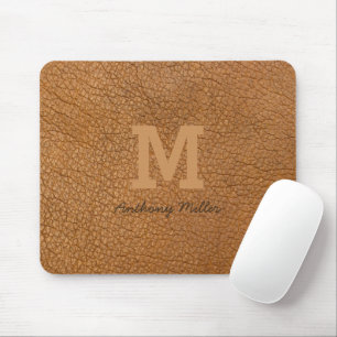 Monogram Rustic Brown Leather Name Script Modern Mouse Pad
