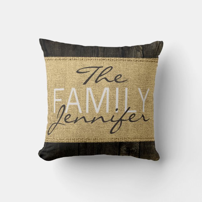 Monogram Rustic Burlap Black Wood Look Cushion (Front)