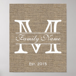 Monogram Rustic Burlap Family Name Poster