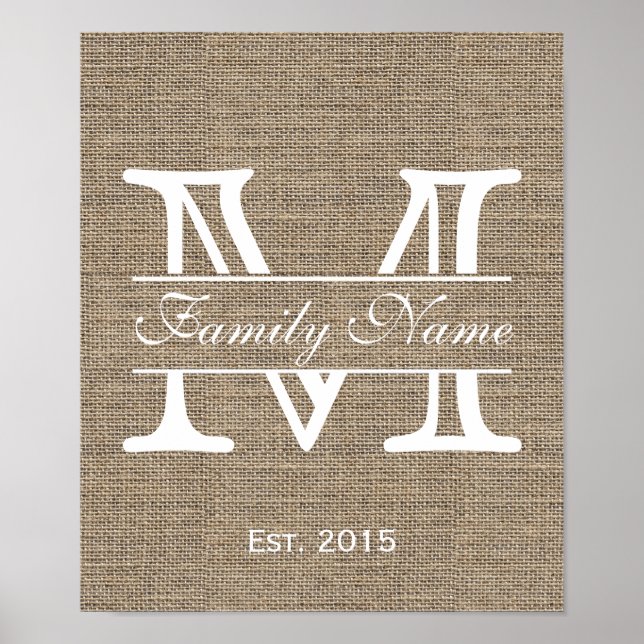 Monogram Rustic Burlap Family Name Poster (Front)