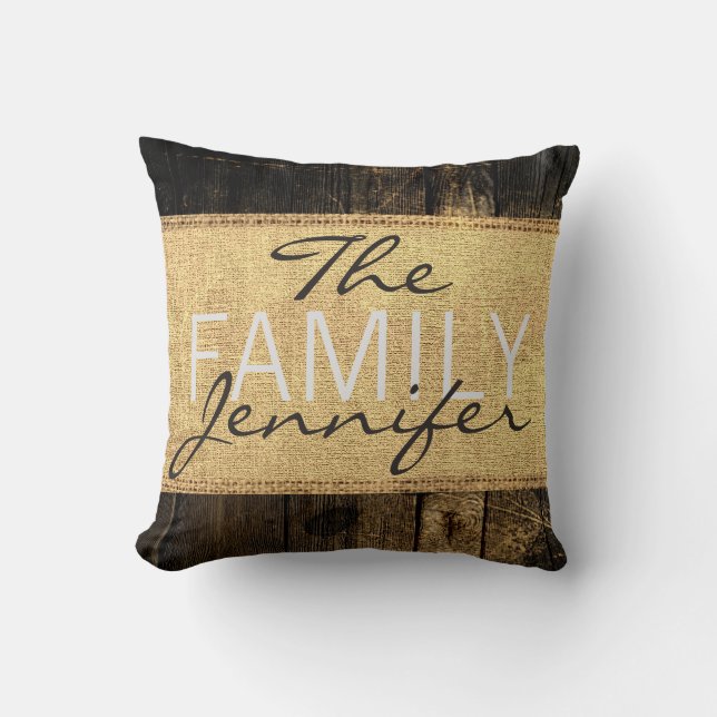 Monogram Rustic Burlap Old Wood Look Cushion (Front)