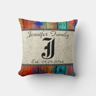 Monogram Rustic Burlap Paint Wood Look #2 Cushion