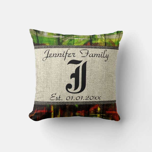 Monogram Rustic Burlap Paint Wood Look #5 Cushion (Front)