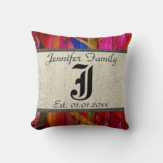 Monogram Rustic Burlap Paint Wood Look #6 Cushion (Front)