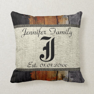 Monogram Rustic Burlap Vintage Wood Look Cushion