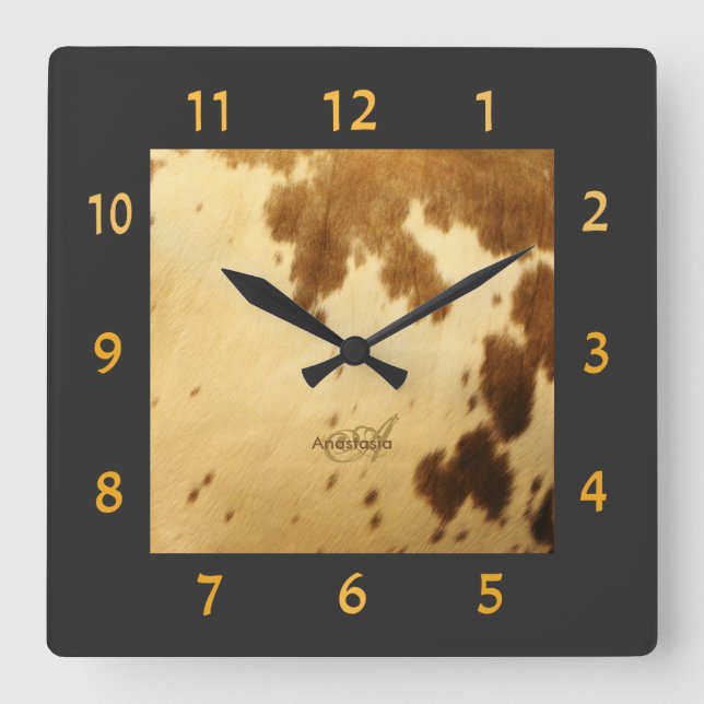 Monogram Rustic Chic Brown Beige Cowhide Fur Print Square Wall Clock (Front)