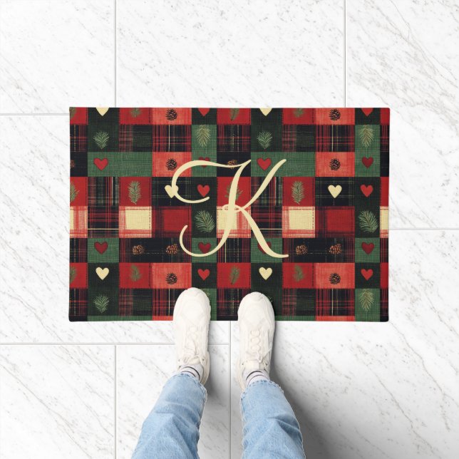 Monogram Rustic Country Red Green Plaid Hearts  Doormat (Indoor)