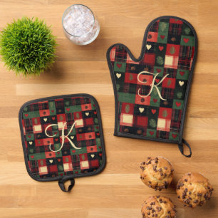 Monogram Rustic Country Red Green Plaid Hearts Oven Mitt & Pot Holder Set