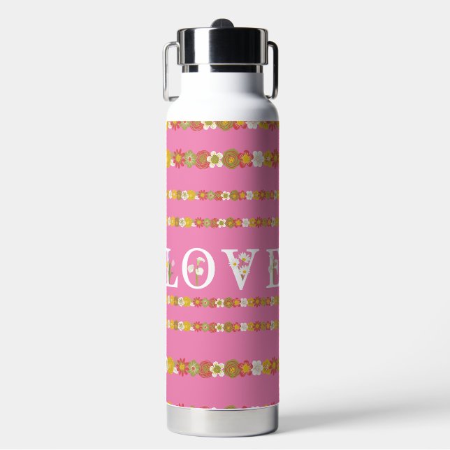 Monogram Rustic Daisy Floral Love Pink  Water Bottle (Front)
