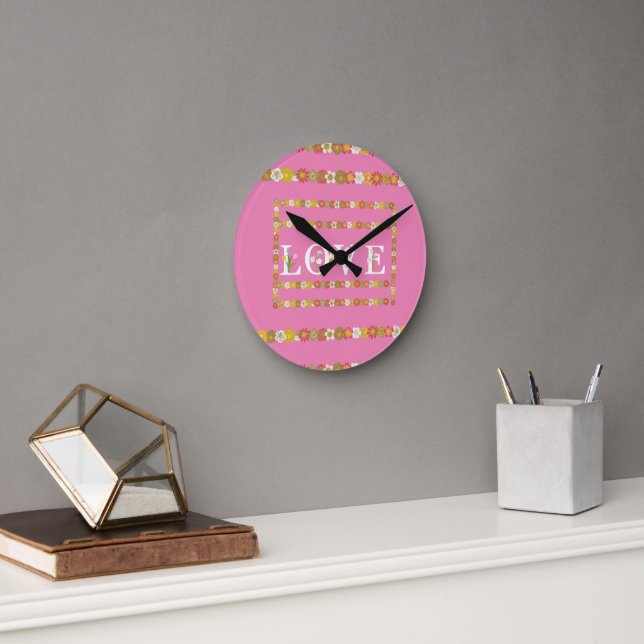 Monogram Rustic Daisy Floral   Round Clock (Office)