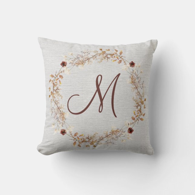 Monogram Rustic Dried Flower Wreath Pillow (Front)