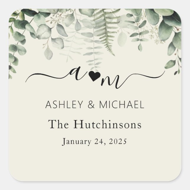 Monogram Rustic Eucalyptus Wedding Square Sticker (Front)