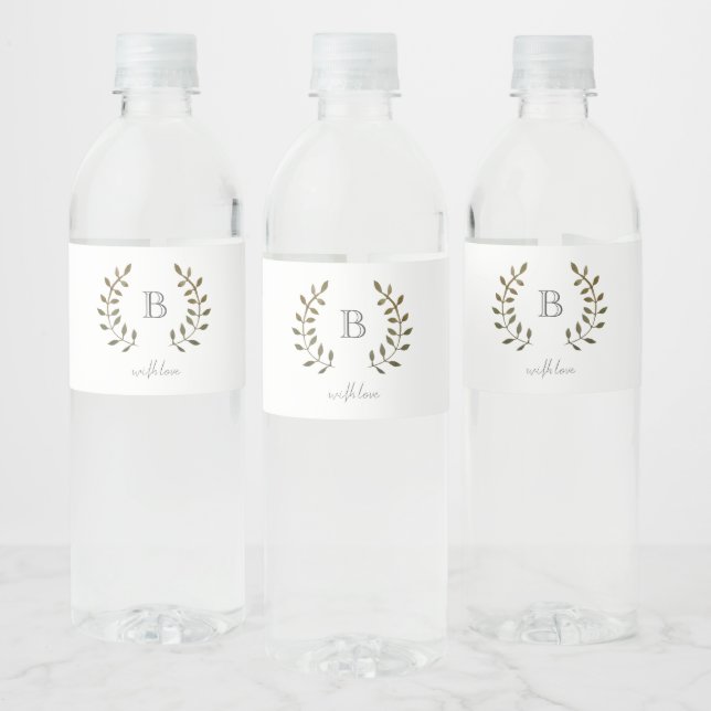 Monogram Rustic Green Leaf Vine With Love Wedding Water Bottle Label (Bottles)