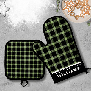 Monogram Rustic Green Plaid Oven Mitt & Pot Holder Set