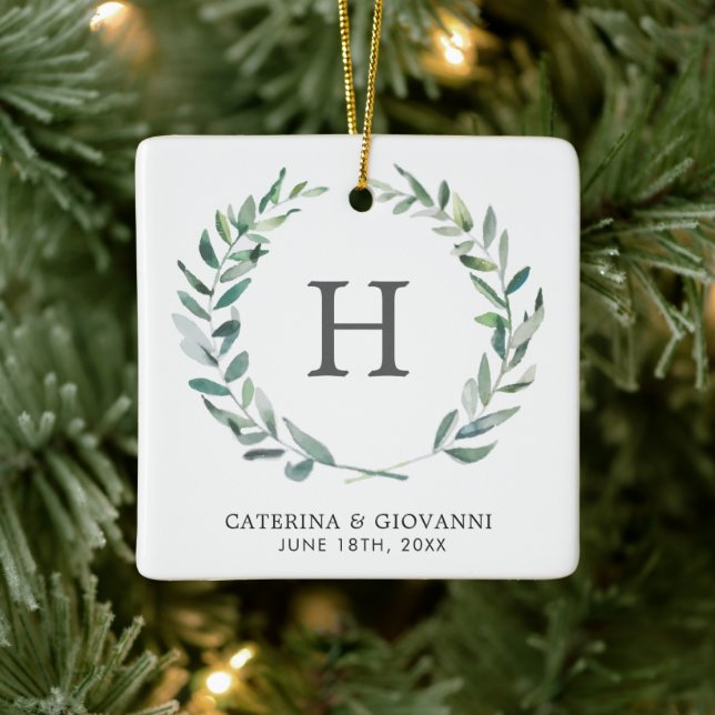 Monogram Rustic Greenery Photo Wedding Favour Ceramic Ornament (Tree)