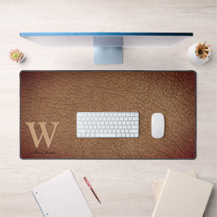 Monogram Rustic Leather Black Gold Name Desk Mat