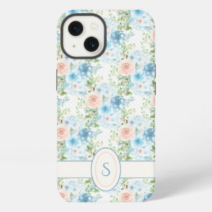 Monogram Rustic Pink Blue Watercolor Floral iPhone 13 Case