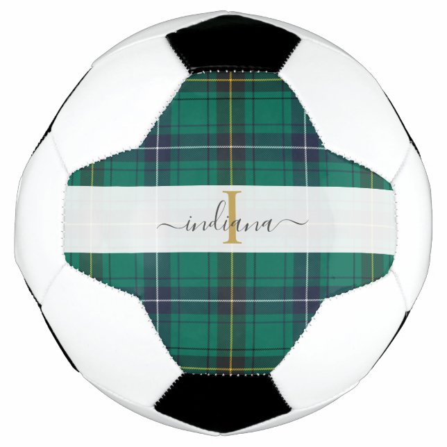 Monogram Rustic Plaid Script Name Tartan Soccer Ball (Front)
