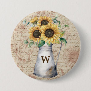 Monogram Rustic Sunflower Vintage Letter Decoupage 7.5 Cm Round Badge