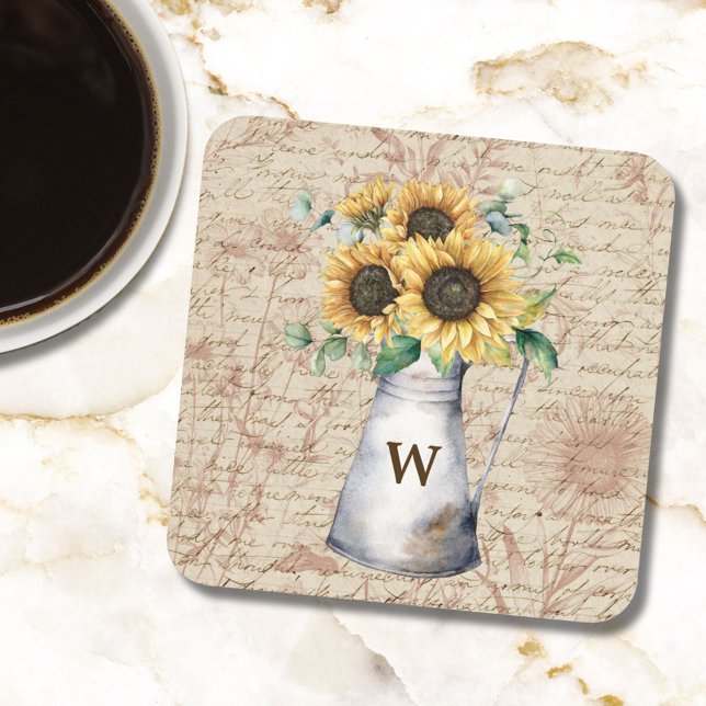 Monogram Rustic Sunflower Vintage Letter Decoupage Coaster (In situ)