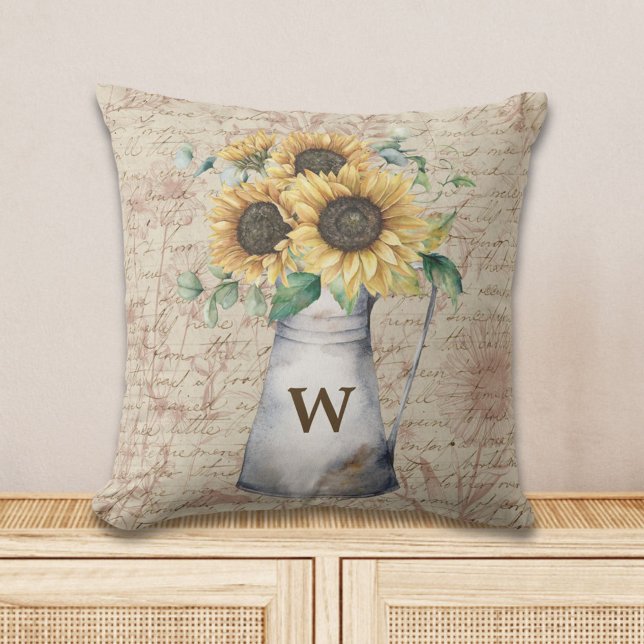 Monogram Rustic Sunflower Vintage Letter Decoupage Cushion (In situ)