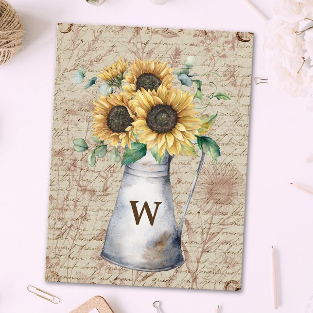 Monogram Rustic Sunflower Vintage Letter Decoupage Postcard (In situ)