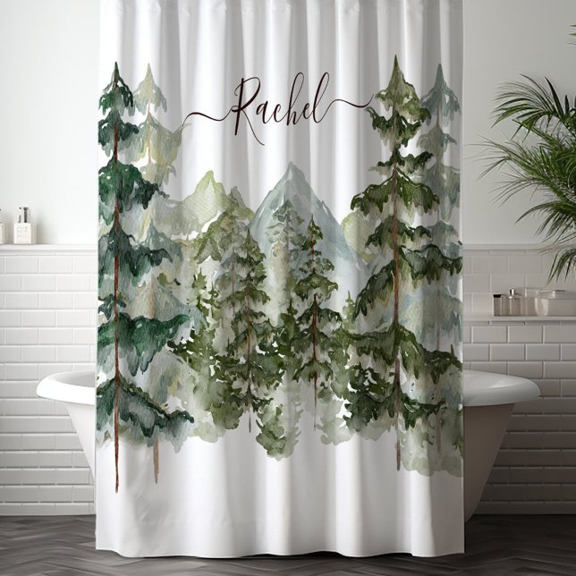 Monogram Rustic Watercolor Forest and mountain  Shower Curtain (In situ)