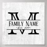 Monogram Rustic White Wood Family Name Poster<br><div class="desc">Monogram Rustic White Wood Family Name Posters.</div>