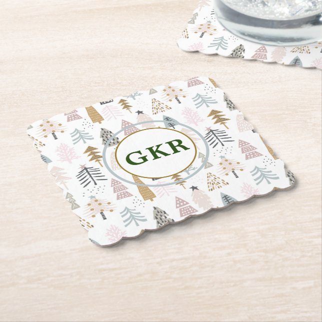 Monogram, Rustic Winter Illustrated Trees Paper Coaster (Angled)