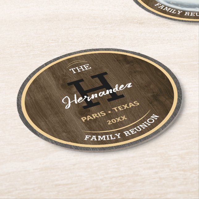 Monogram Rustic wood Family reunion Country Brown  Round Paper Coaster (Angled)