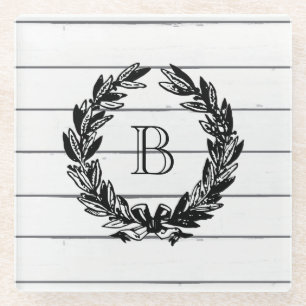 Monogram Rustic Wood Style Glass Coaster