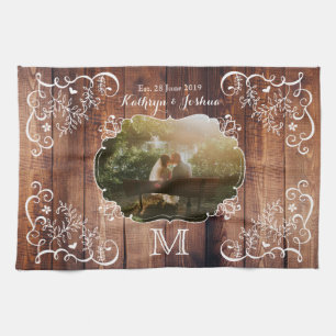 Monogram Rustic Woodland Wedding Photo Wood Panel Tea Towel