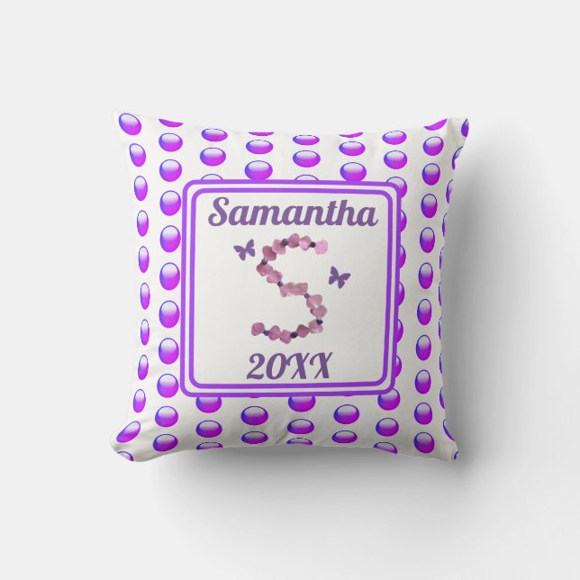 Monogram S Pink Purple Flowers Polka Dot Initial Cushion (Front)