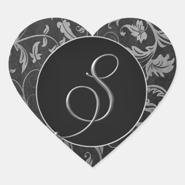 Monogram S Silver and Black Damask Wedding Seal (Front)