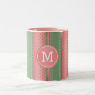 Monogram Sage Green and Coral Polka Dots Two-Tone Coffee Mug