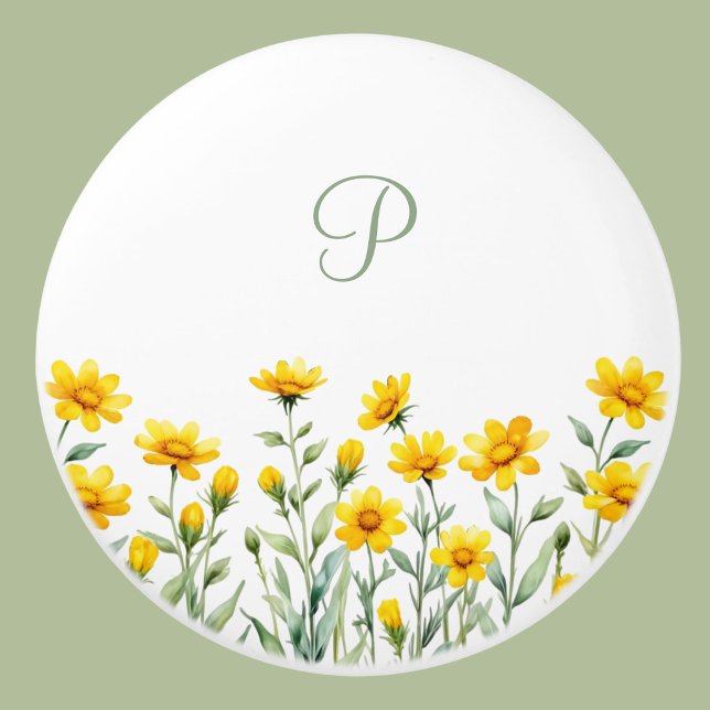 Monogram Sage Green and Yellow Wild Flowers   Ceramic Knob (Creator Uploaded)